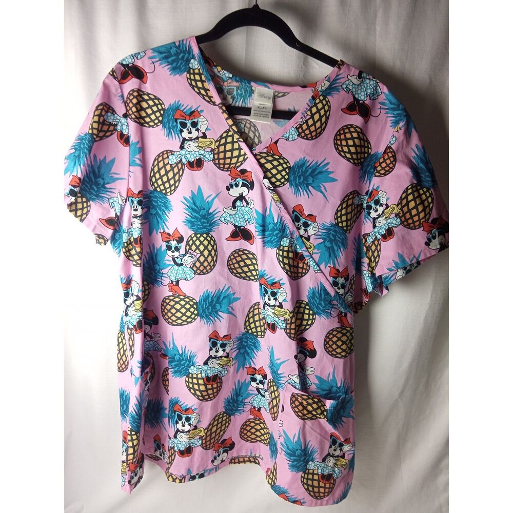 Disney Minnie Mouse Scrub Top Women XL Pink Pineapple Tropical Summer